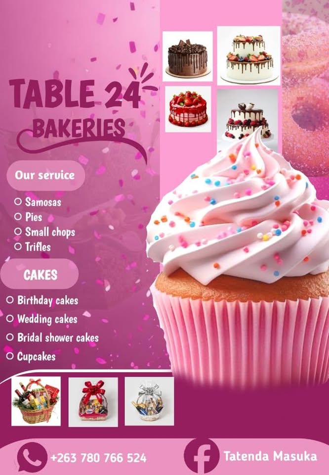 Table24 Bakeries menu — birthday, wedding and bridal shower cakes, cupcakes, samosas, pies, small chops and trifles