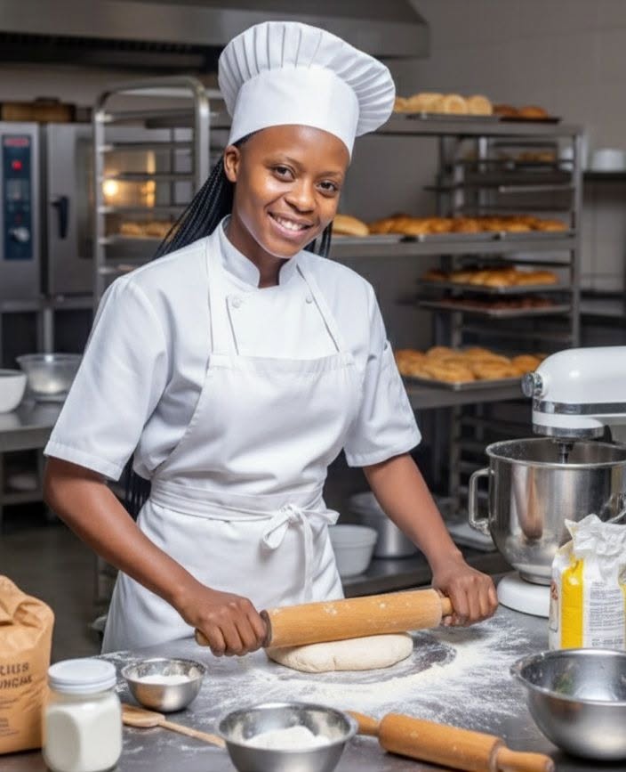 Tatenda of Table24 Bakeries rolling fresh dough in the bakery kitchen