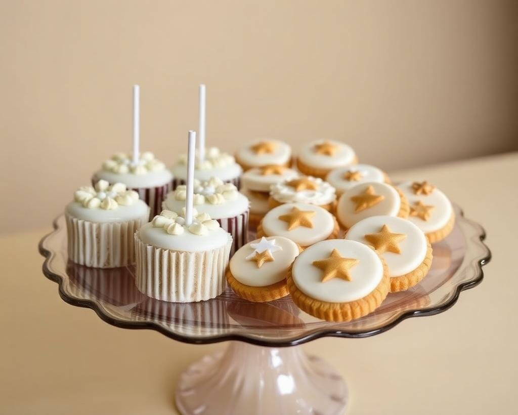 Festive decorated celebration treats on an elegant serving stand
